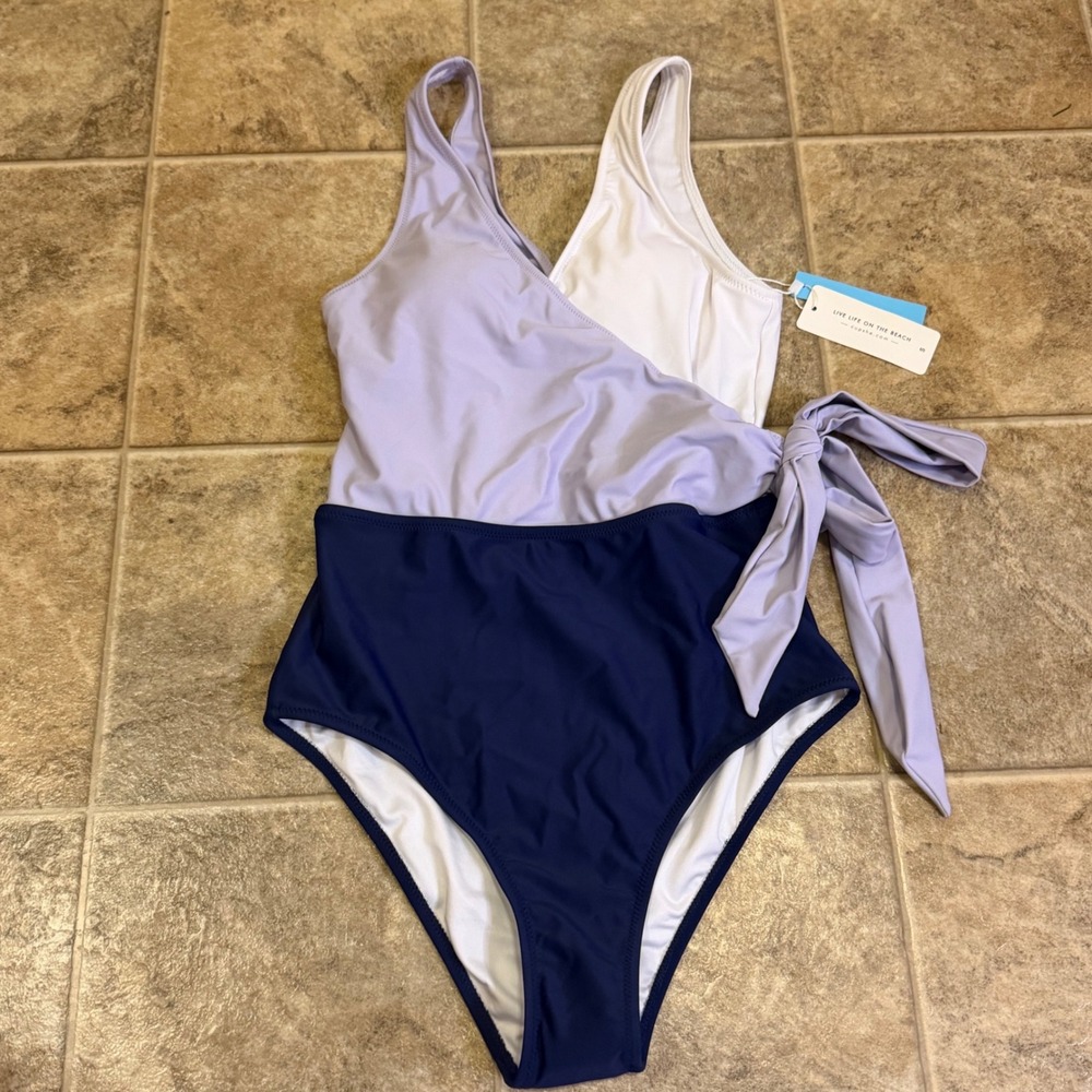 Cupshe Womens Wrap Colorblock One Piece Swimsuit Navy Lavender White Small NWT